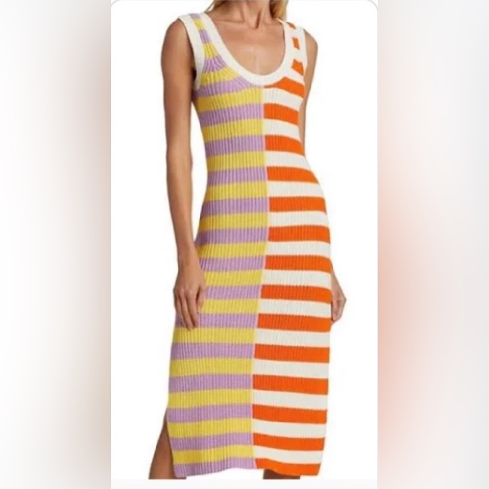STAUD Ribbed Midi Dress in Purple, Yellow & Orange Stripe